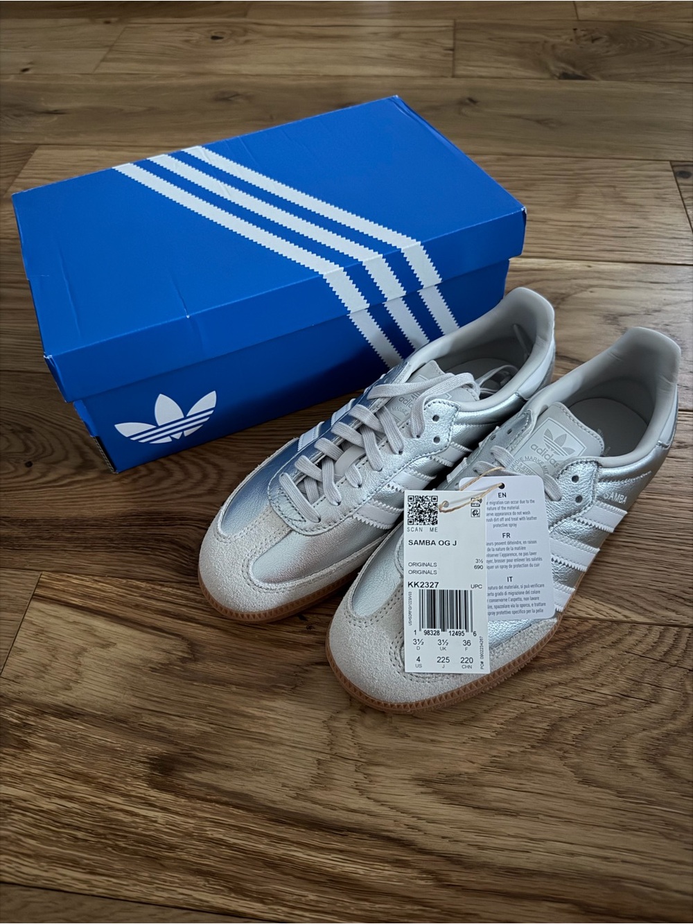 NWT Adidas Samba OG J Metallic Silver White Gum Sneakers (4Y / Women’s 5.5)